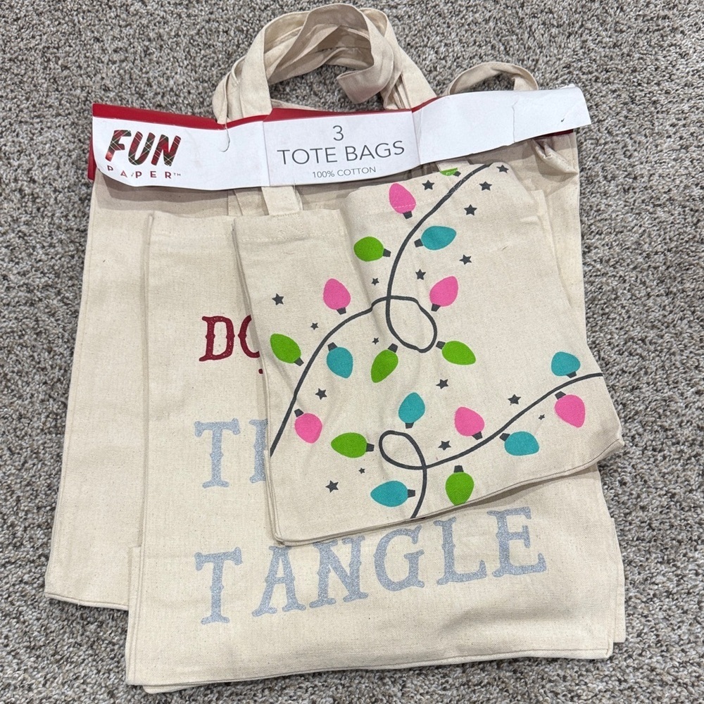 Set of 3 Cotton Tote Bags with Holiday Light Print
